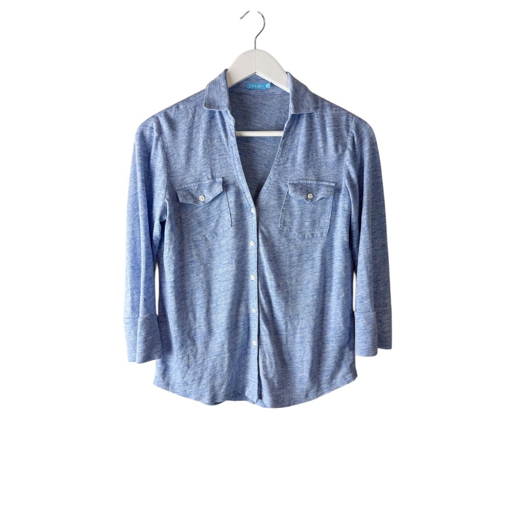 J.McLaughlin‎ Womens XS Heather Blue Linen Blend 3/4 Sleeve Button Down Shirt